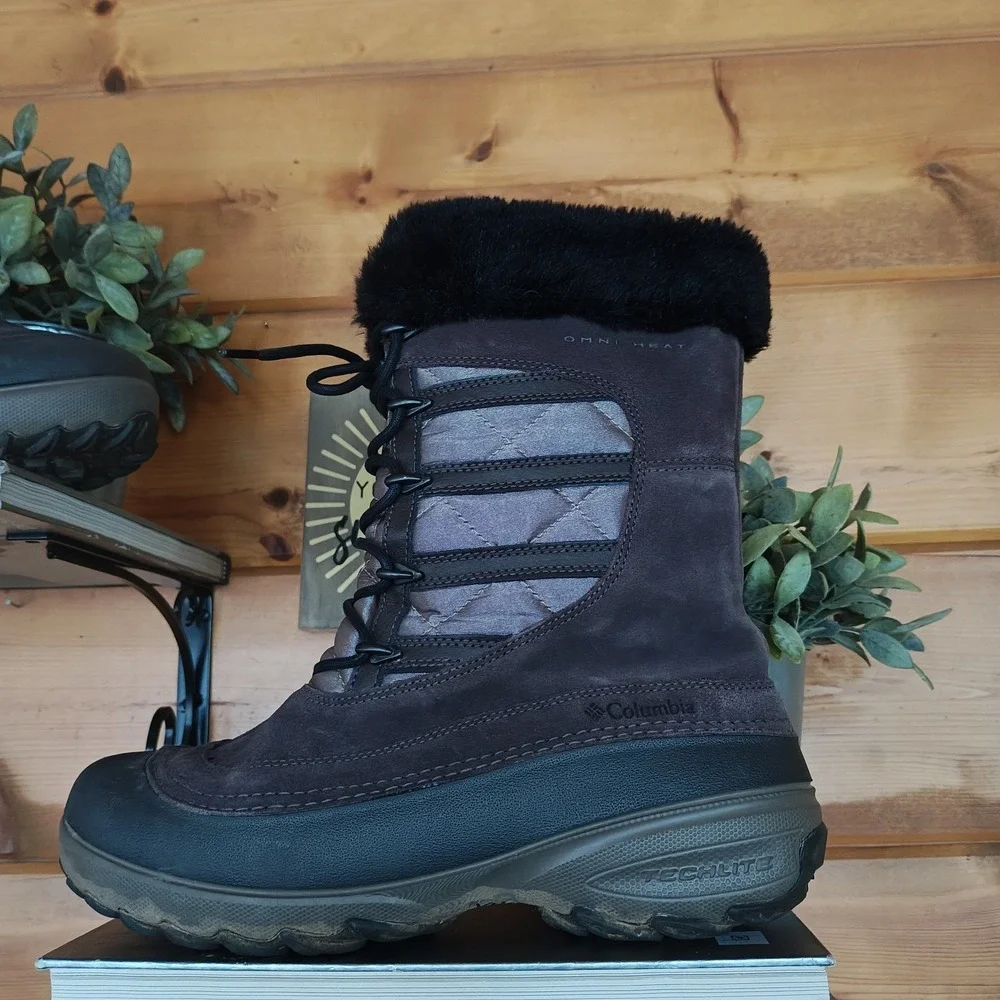 Columbia Omni Heat Waterproof Snow Boots Suede Leather Faux Fur BL1460-287 8.5